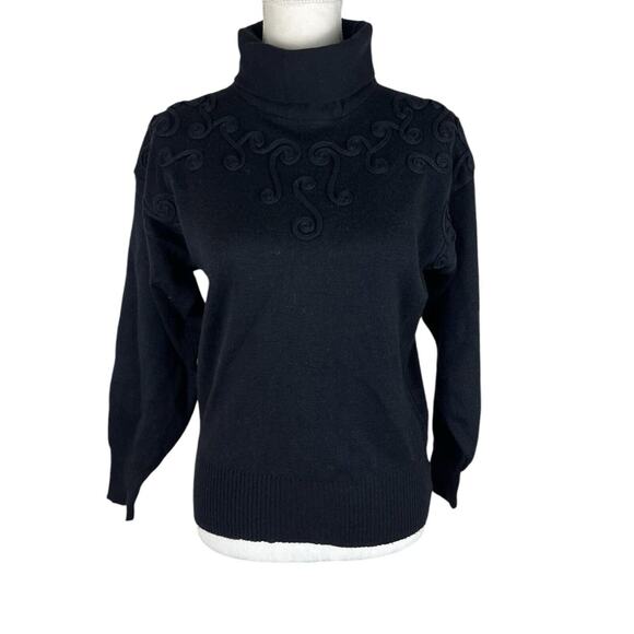 Vintage Ossi Skiwear Turtleneck Sweater Black Wool Blend Embroidered Size Small - Picture 2 of 7
